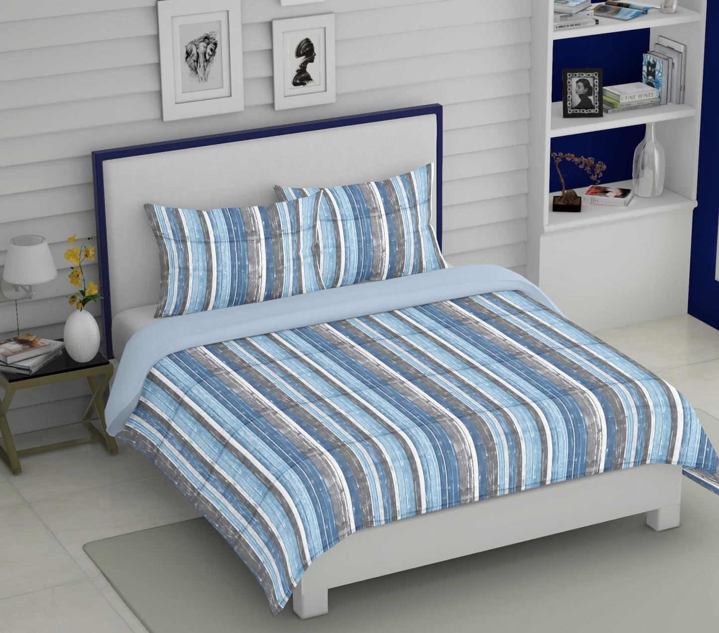 Beneton - White & Blue Designer Satin Stripe Bedsheet