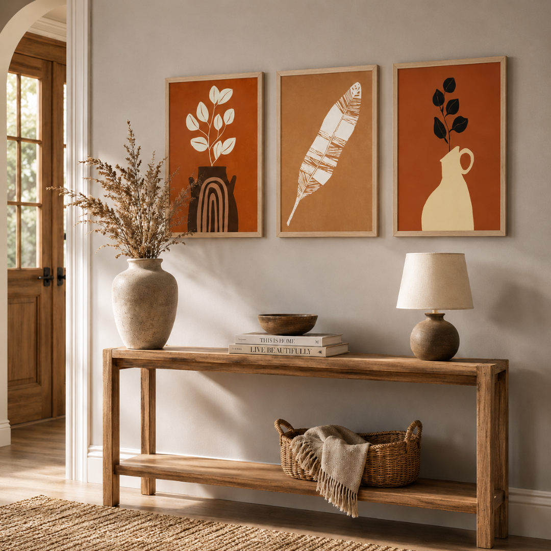Three boho botanical leaf, vase and feather prints arranged as gallery wall set