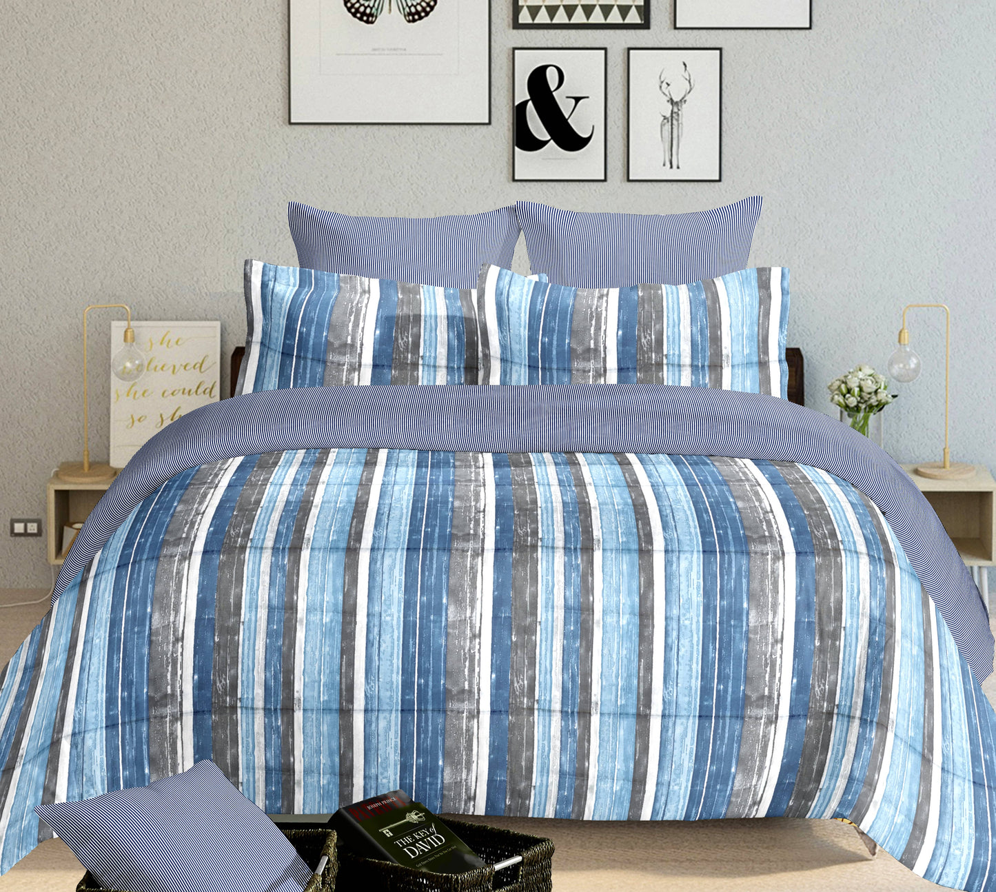 Beneton - White & Blue Designer Satin Stripe Bedsheet