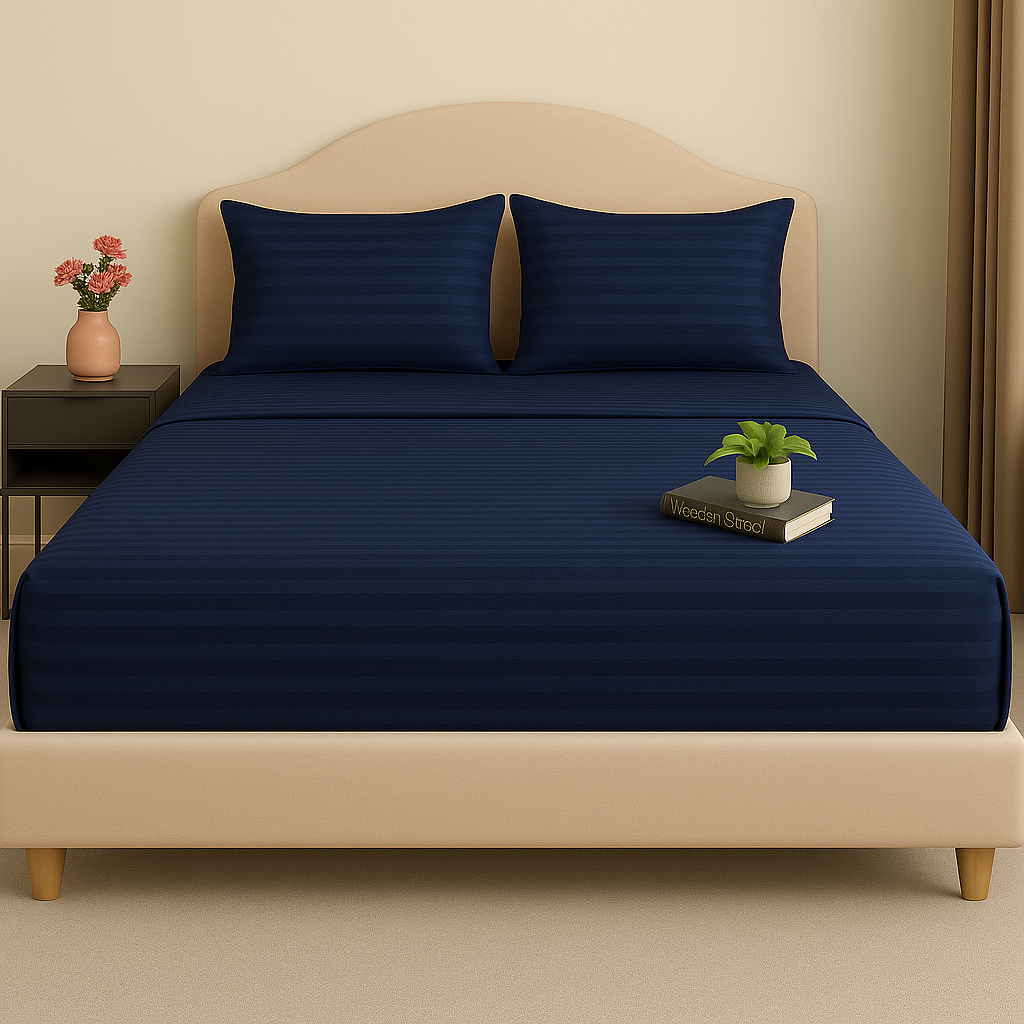 Pure Luxe - 100% Cotton 210 TC Satin Stripe King Size Bedsheet - Navy Blue