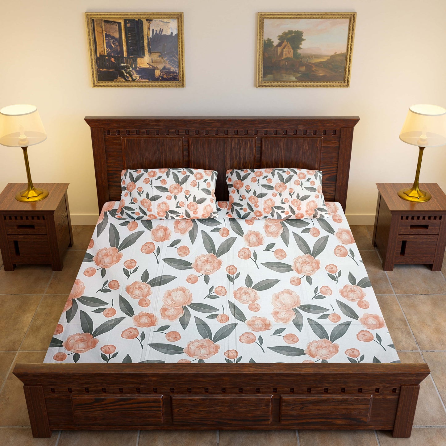 Elegance 100% Cotton King Size Bedsheet - Orange & Green