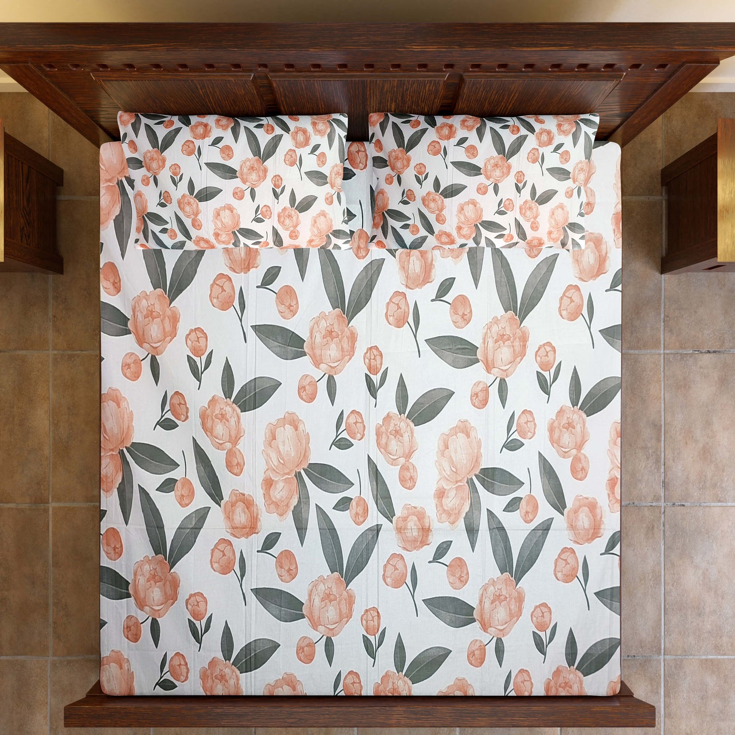 Elegance 100% Cotton King Size Bedsheet - Orange & Green