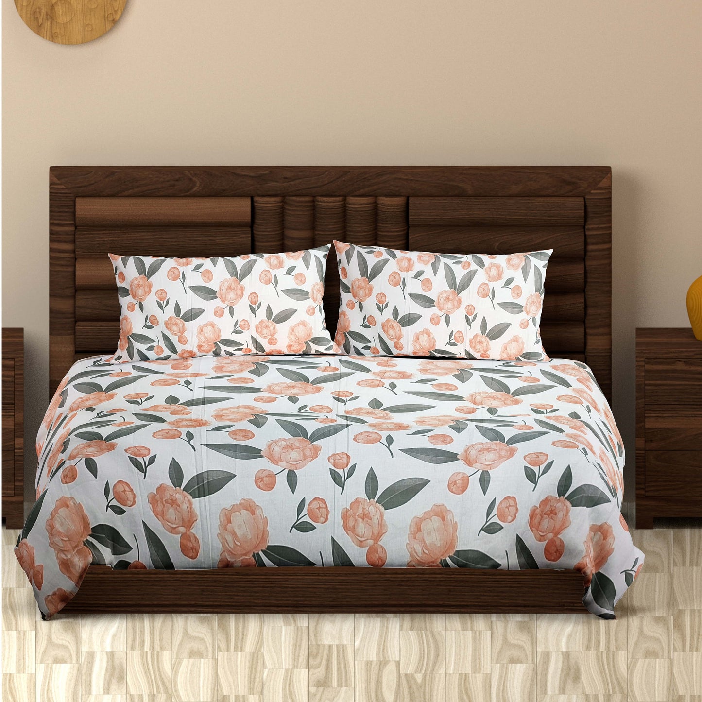 Elegance 100% Cotton King Size Bedsheet - Orange & Green