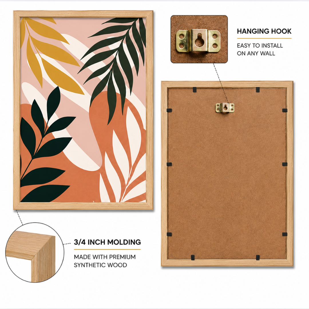 Bold tropical leaf silhouette print over geometric background shapes