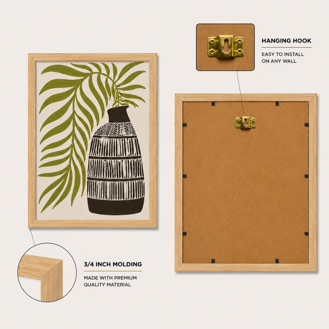 Cream leaf branch in striped vase print on rust red background