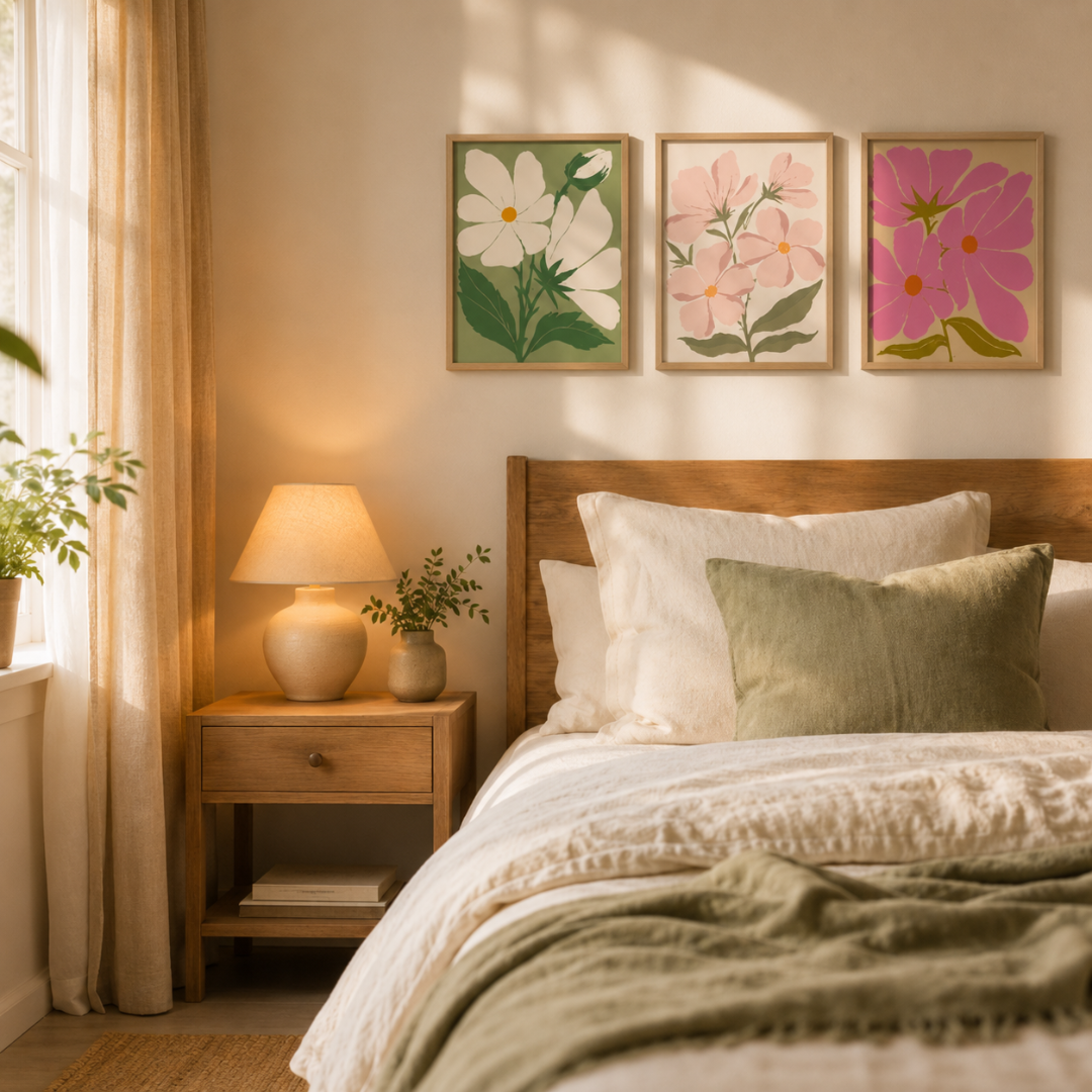 Three illustrated floral prints arranged as gallery wall set