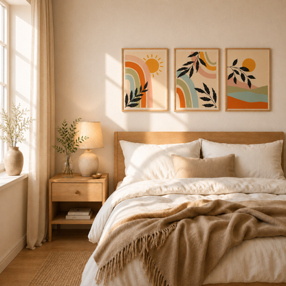 Three boho rainbow and landscape prints arranged as gallery wall set