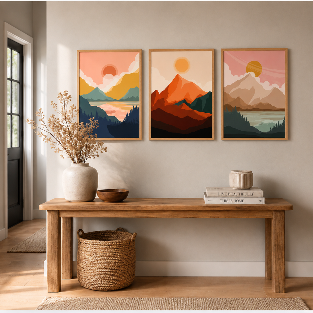 Layered orange and red mountain peaks print at sunset