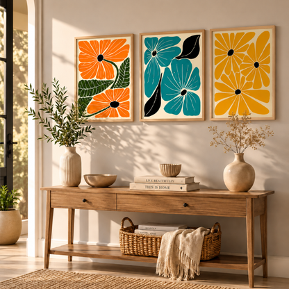 Three bold graphic floral prints arranged as gallery wall set