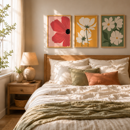 Three oversized floral illustration prints arranged as gallery wall set