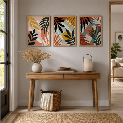 Three tropical botanical leaf prints arranged as gallery wall set