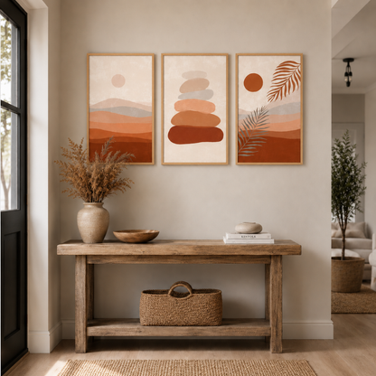 Three desert abstract landscape prints arranged as gallery wall set
