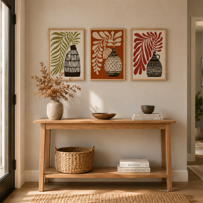 Three boho vase and leaf prints arranged as gallery wall set