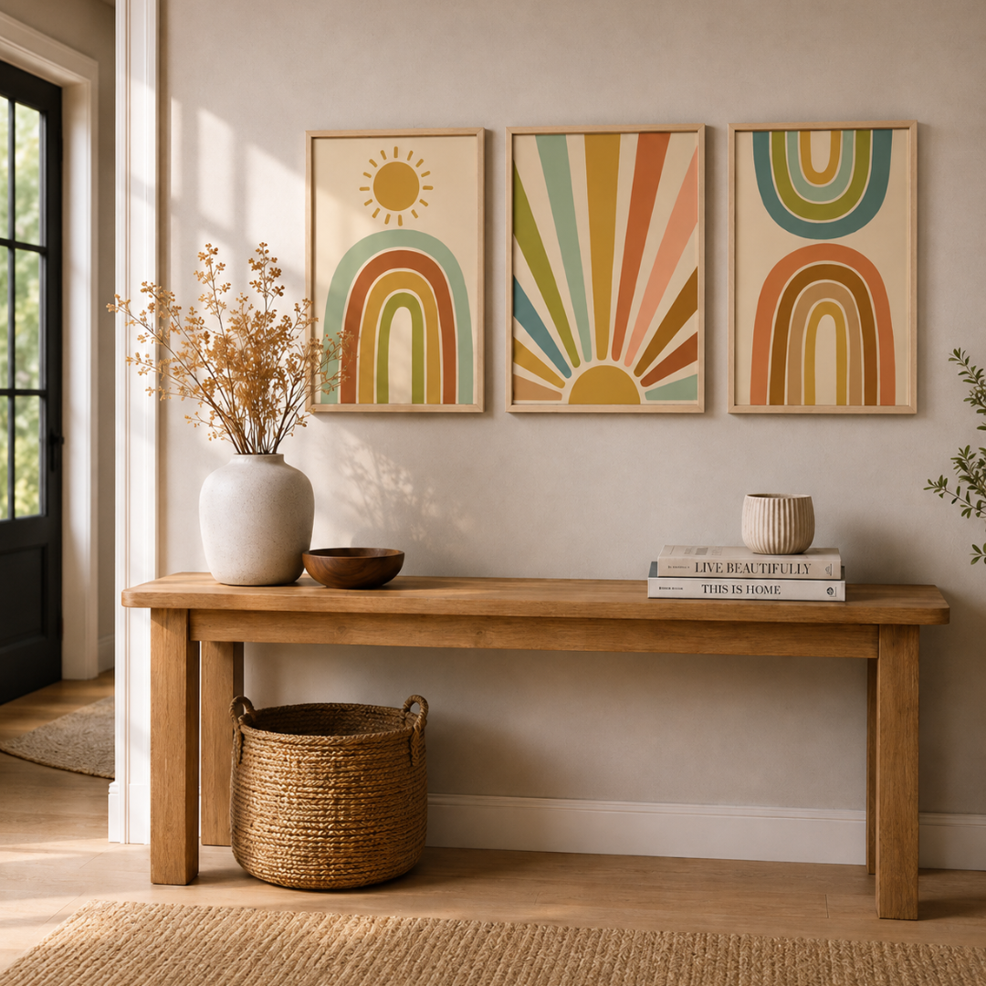 Three boho rainbow and sunburst prints arranged as gallery wall set