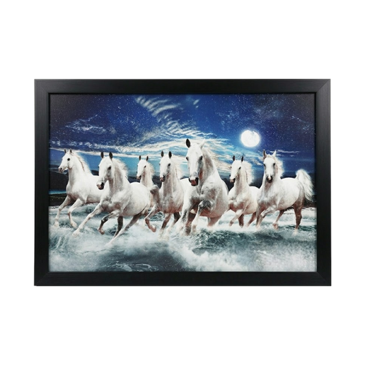 7 Horses Running Vastu Painting | White Horses Rising Sun Wall Art | Framed HD Print for Living Room, Bedroom & Office (13x19 in)