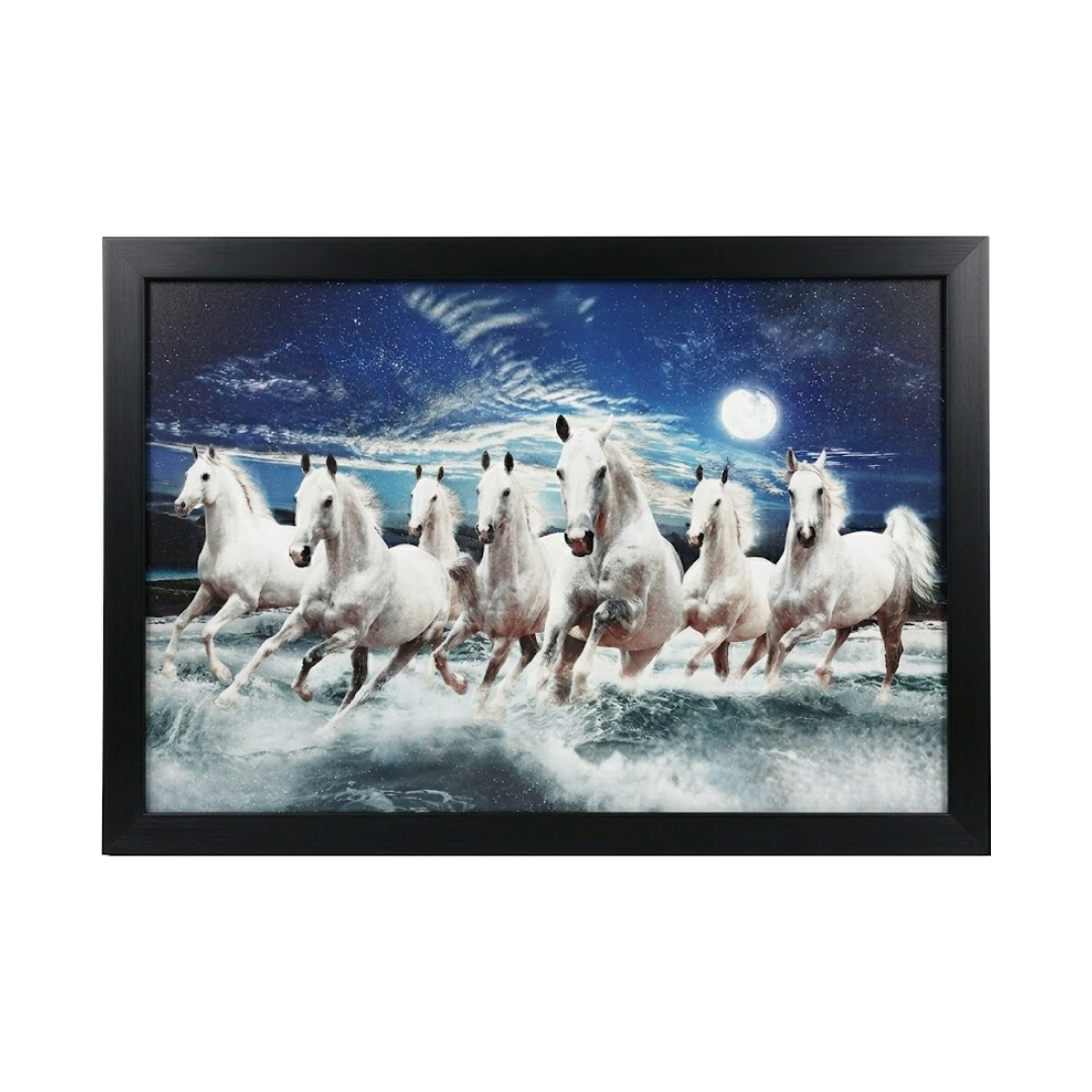 Framed 8 horses running Vastu painting with moonlit sky in black frame