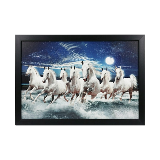 Framed 8 horses running Vastu painting with moonlit sky in black frame