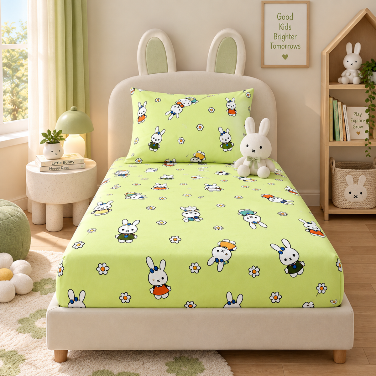 Trendy Cartoon Print Single Bedsheet for Kids - Green