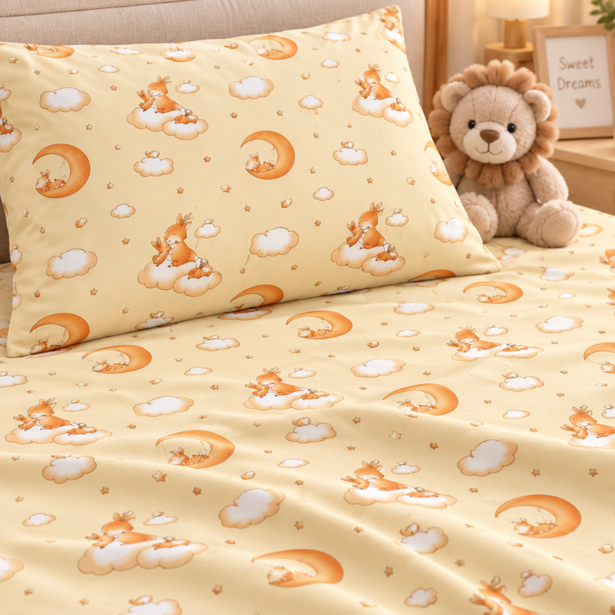 Trendy Cartoon Print Single Bedsheet for Kids -  Moon & Clouds