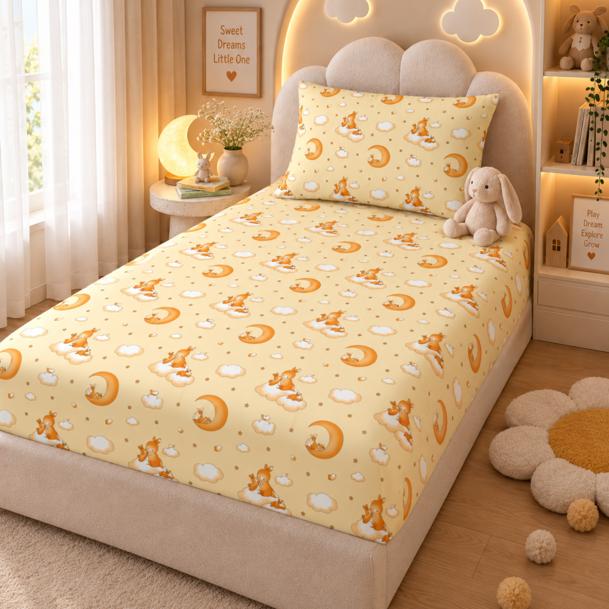 Trendy Cartoon Print Single Bedsheet for Kids -  Moon & Clouds