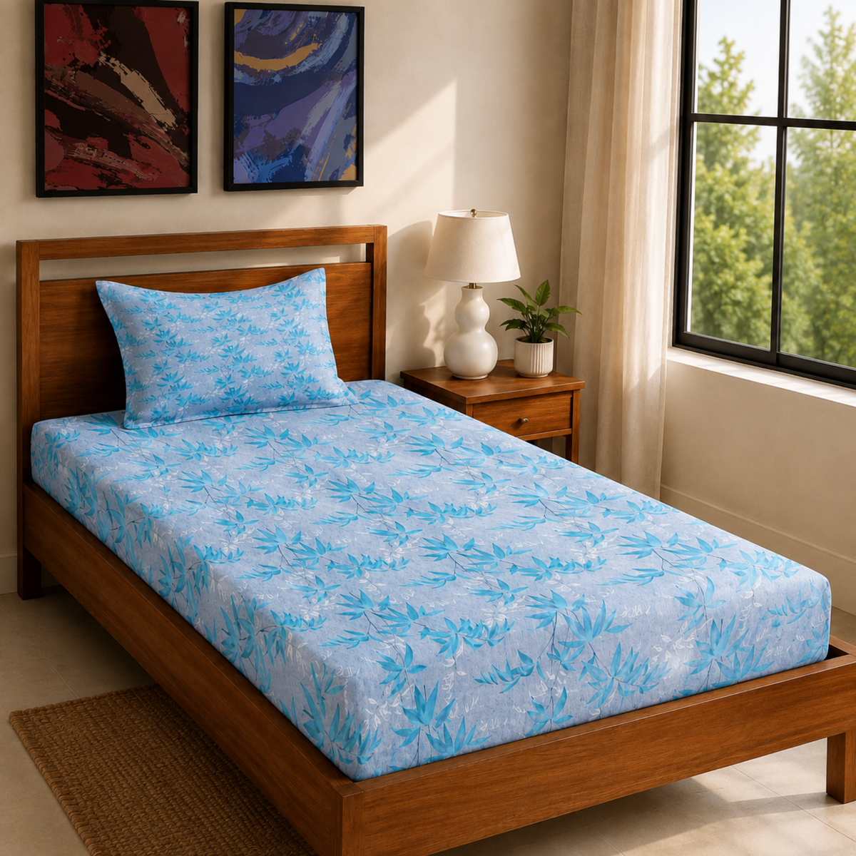 Grey and Blue Leaf Cotton Bedsheet