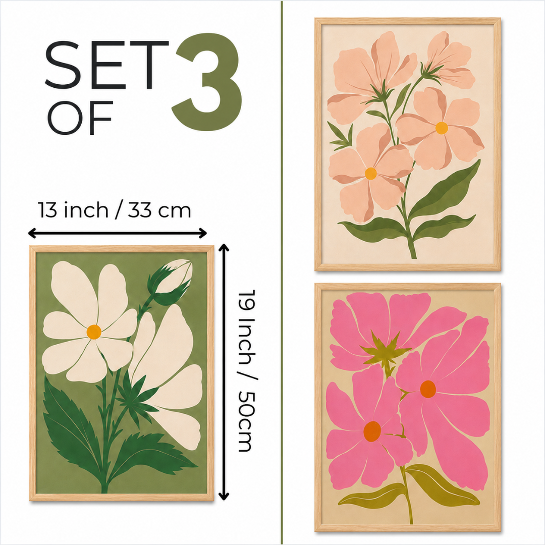 Floral wall art set of 3 with natural wood frames
