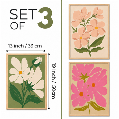 Floral wall art set of 3 with natural wood frames