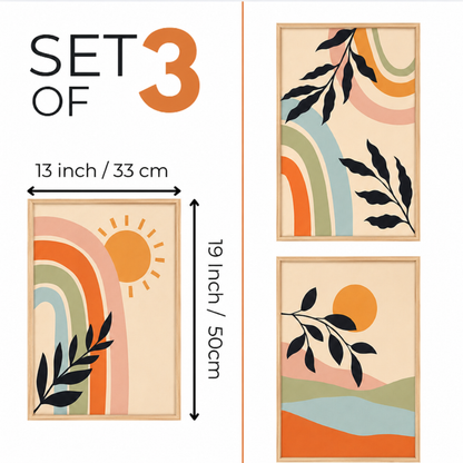 Boho rainbow botanical wall art set of 3 with natural wood frames
