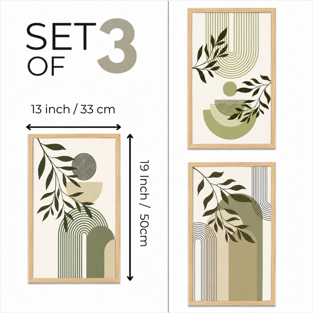 Boho abstract wall art set of 3 with natural wood frames