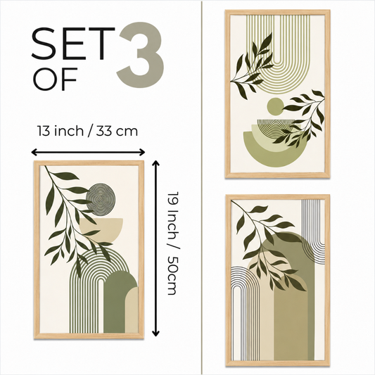 Boho abstract wall art set of 3 with natural wood frames