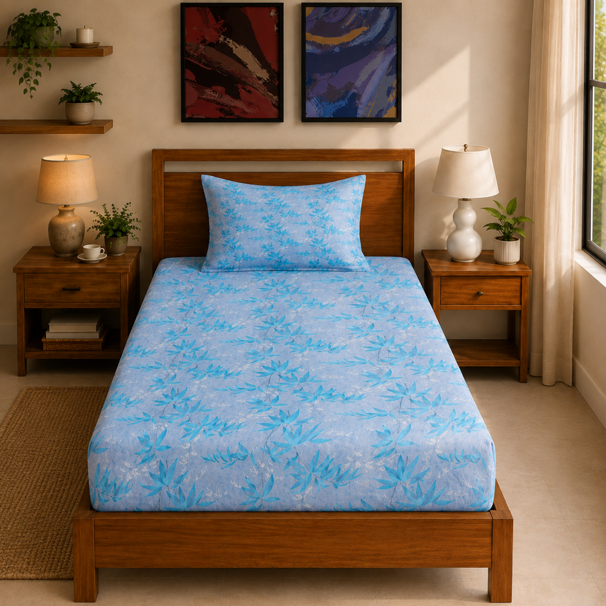 Grey and Blue Leaf Cotton Bedsheet