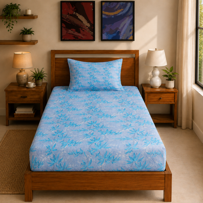 Grey and Blue Leaf Cotton Bedsheet