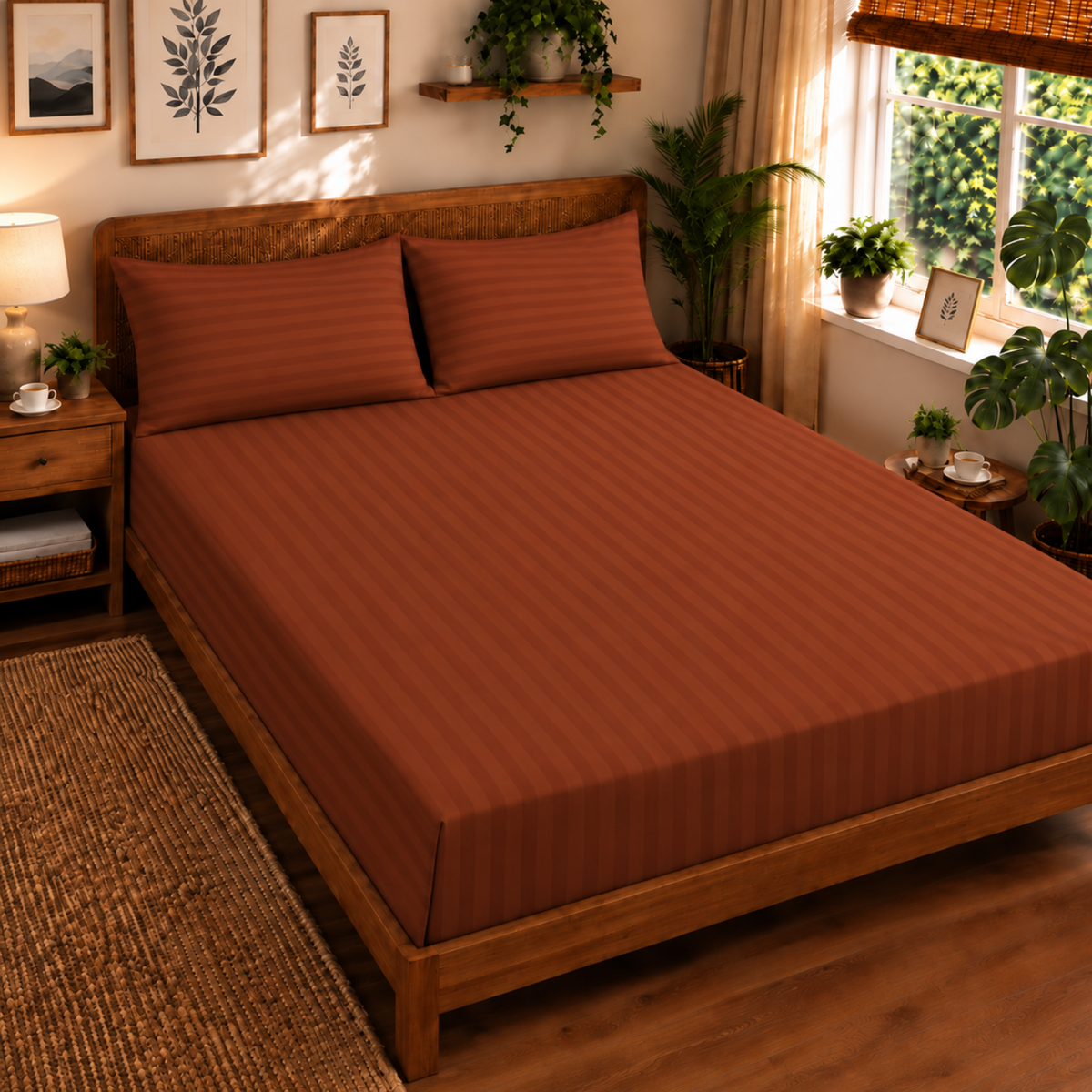 Pure Luxe - 100% Cotton 210 TC Satin Stripe King Size Bedsheet - Brown