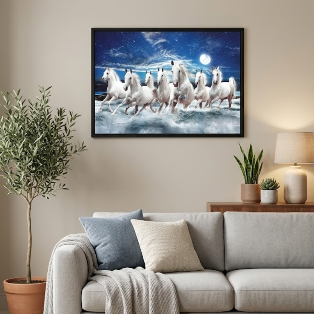 Matt black frame corner detail on horses Vastu wall art