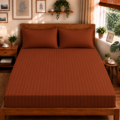 Pure Luxe 100% Cotton King Size Bedsheet Set of 2 | 210 TC Satin Stripe | Brown & Beige