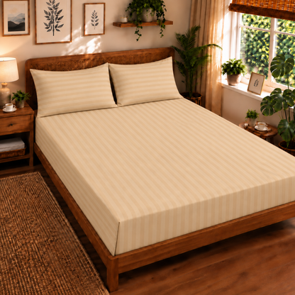 Pure Luxe - 100% Cotton 210 TC Satin Stripe King Size Bedsheet - Beige