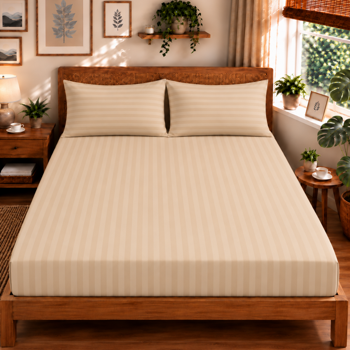 Pure Luxe 100% Cotton King Size Bedsheet Set of 2 | 210 TC Satin Stripe | Brown & Beige