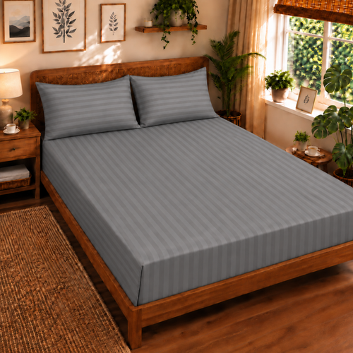 Pure Luxe - 100% Cotton 210 TC Satin Stripe King Size Bedsheet with 2 Pillow Covers