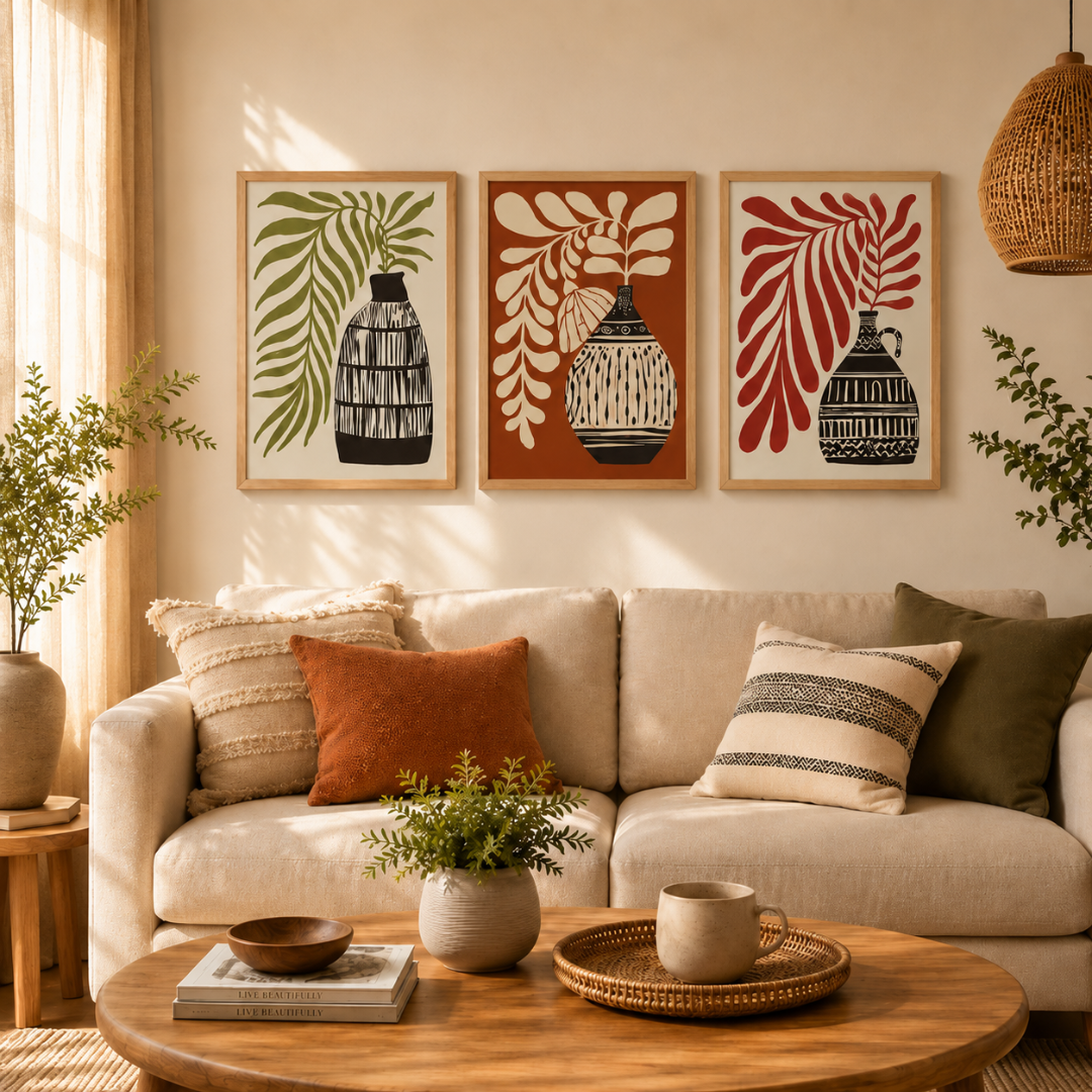 Boho vase and leaf wall art set of 3 with natural wood frames