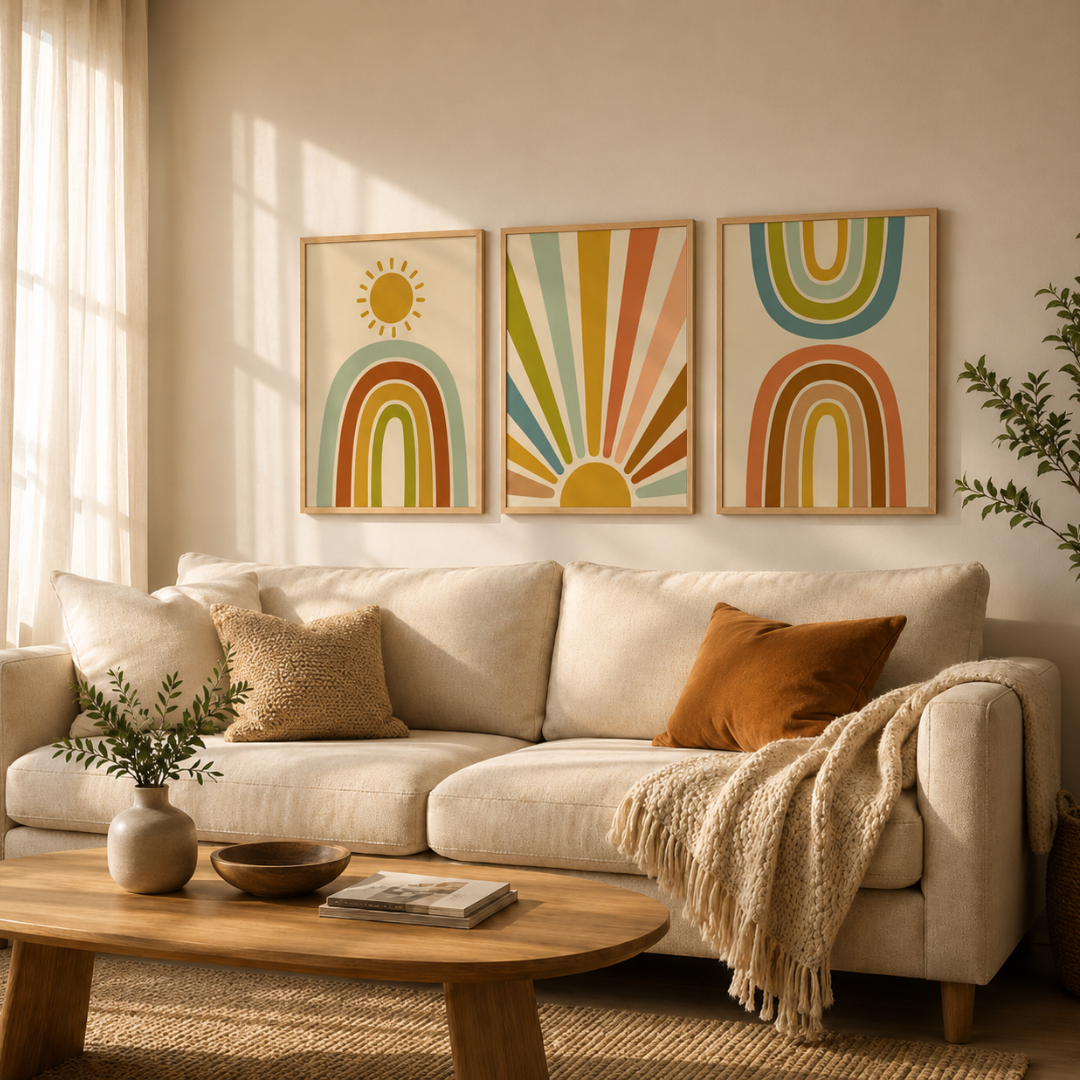 Boho rainbow mid-century modern wall art set of 3 with natural wood frames