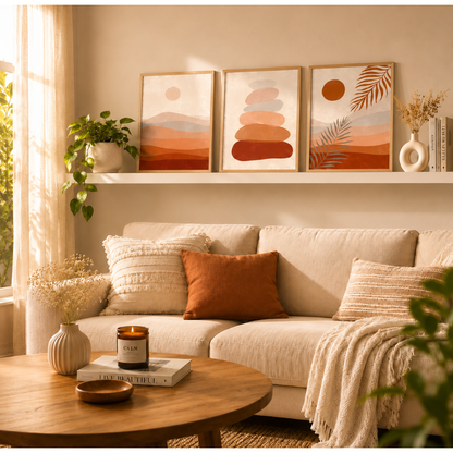 Desert abstract boho wall art set of 3 with natural wood frames