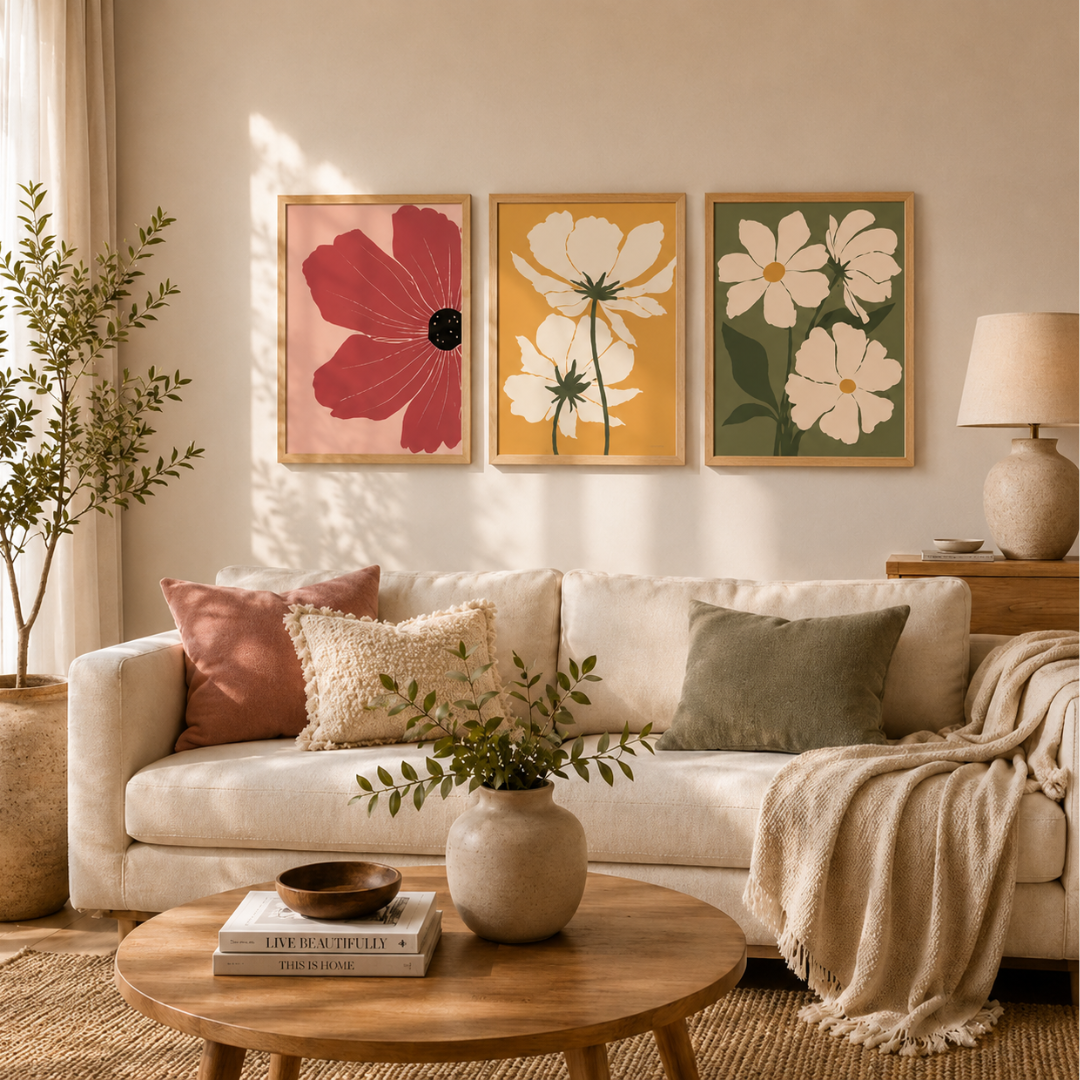 Modern floral botanical wall art set of 3 with natural wood frames