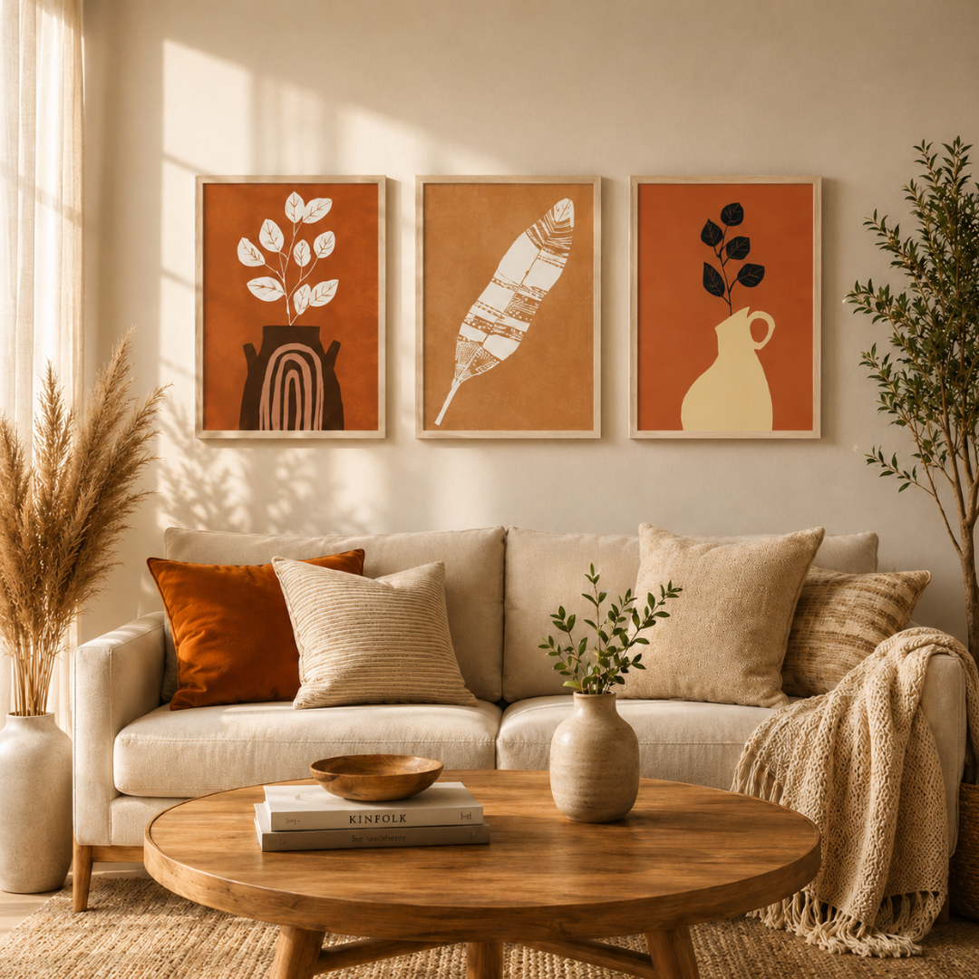 Boho botanical wall art set of 3 with natural wood frames