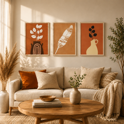 Boho botanical wall art set of 3 with natural wood frames