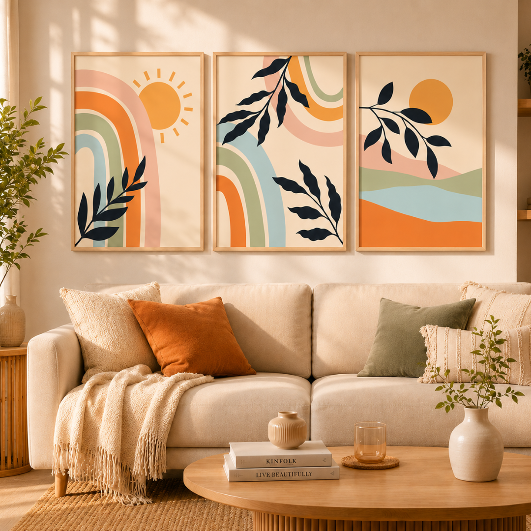 Pastel rainbow arc print with abstract landscape detail