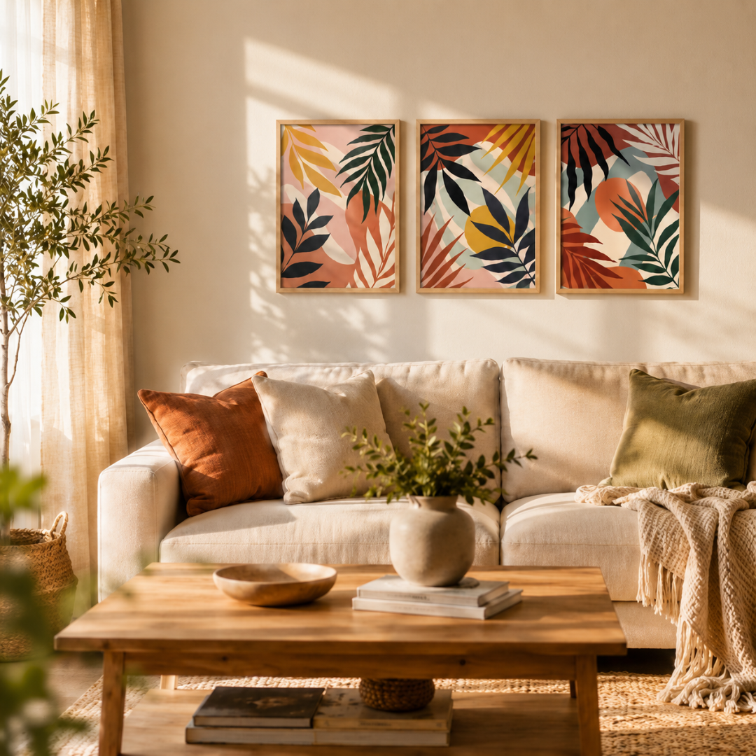 Tropical botanical abstract leaf wall art set of 3 with natural wood frames
