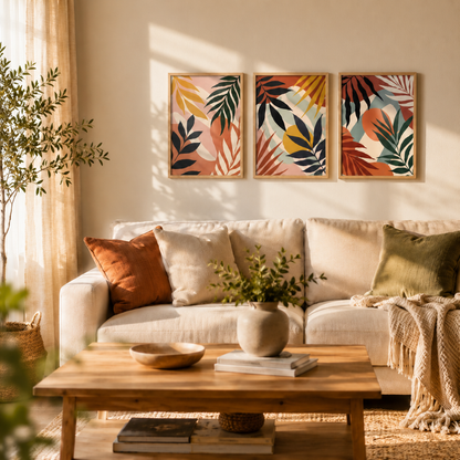 Tropical botanical abstract leaf wall art set of 3 with natural wood frames