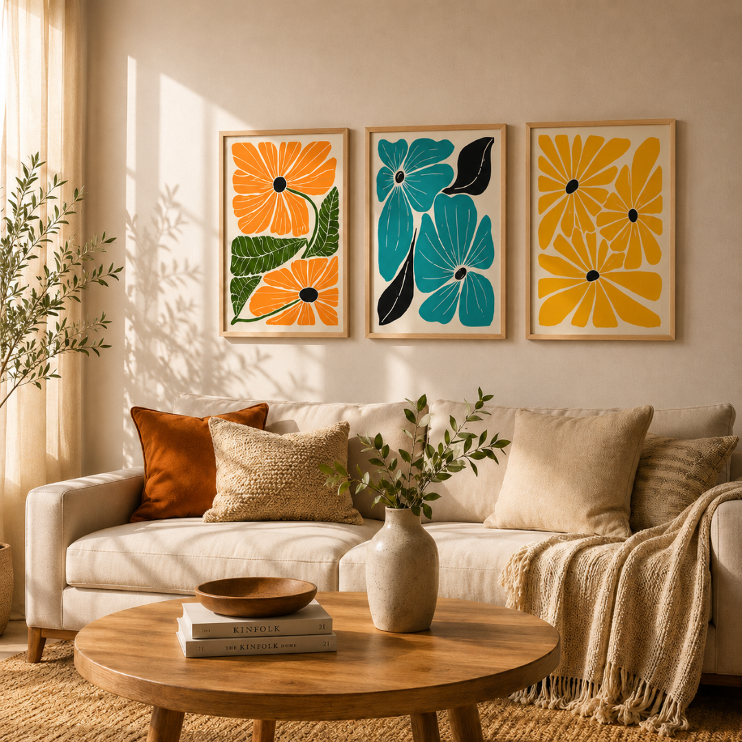 Bold floral wall art set of 3 with natural wood frames