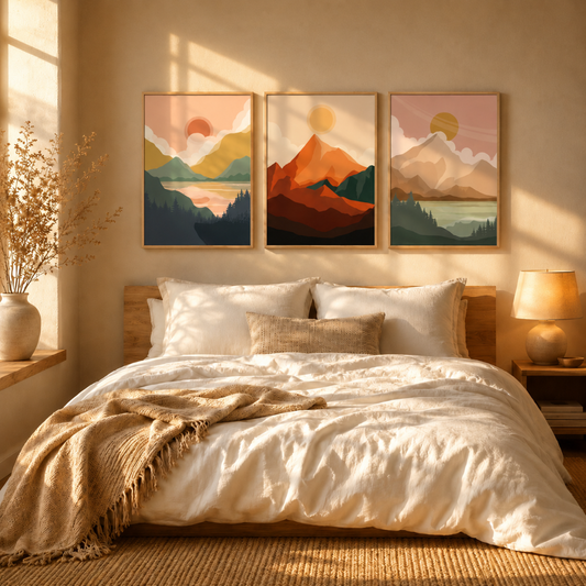Mountain nature wall art set of 3 with natural wood frames
