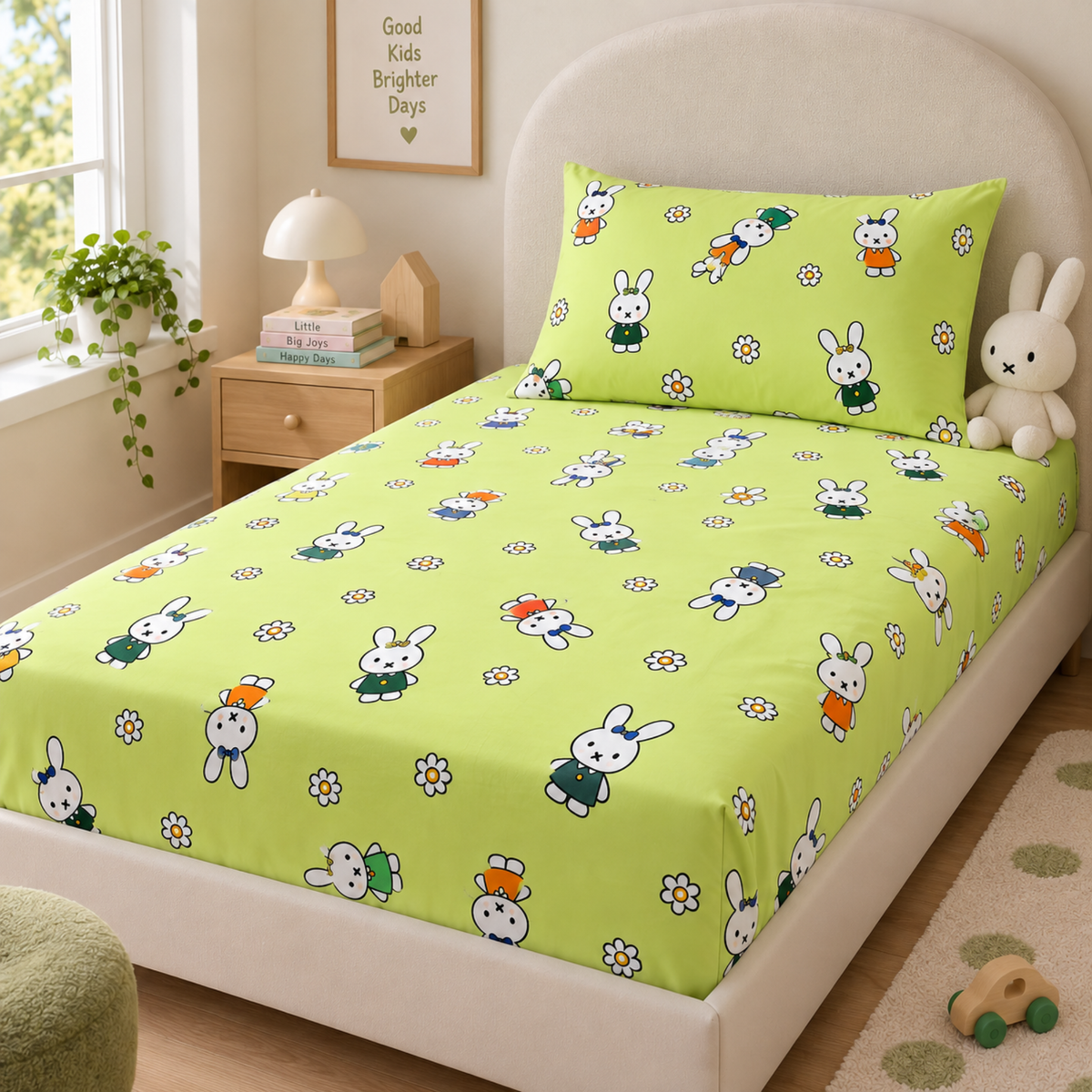 Trendy Cartoon Print Single Bedsheet for Kids - Green